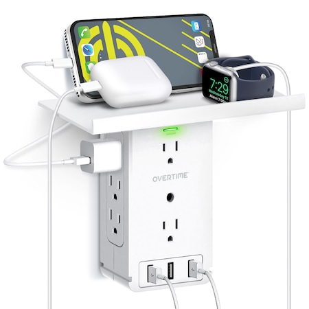 Overtime Outlet Shelf USB Wall Adapter, AC Outlet Extender w/ 8 AC Sockets and 3 USB Ports, Surge Protector OTWP8O3USB